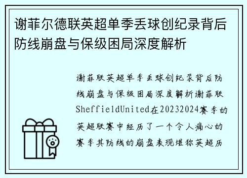 谢菲尔德联英超单季丢球创纪录背后防线崩盘与保级困局深度解析 谢菲尔德联英超单季丢球创纪录背后防线崩盘与保级困局深度解析